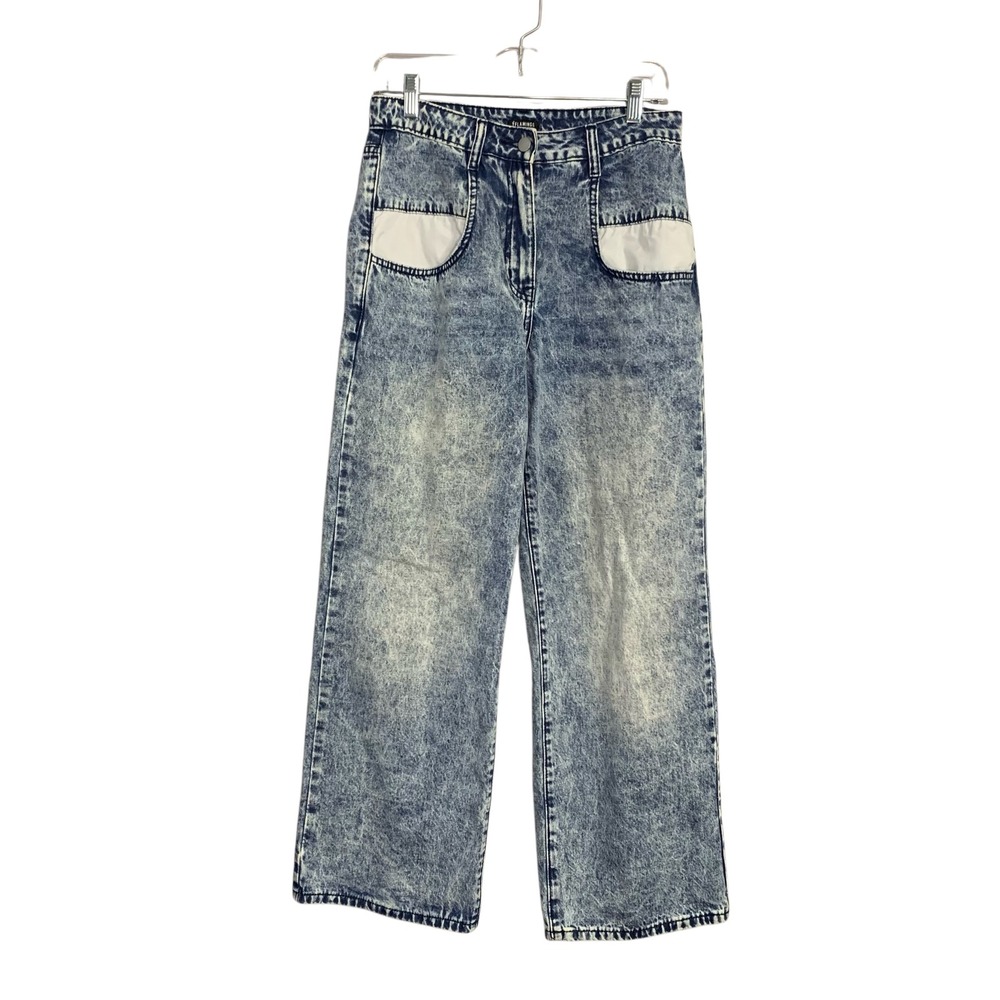 Flamingo Acid Wash‎ Wide Leg Jeans High Waist White Pocket Denim Pants